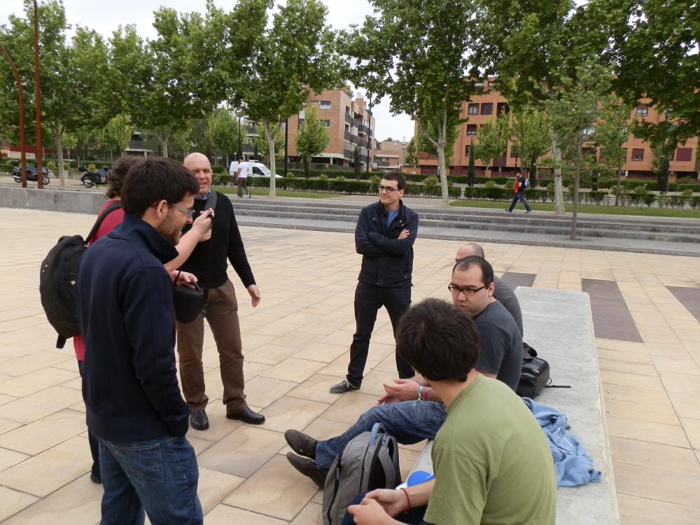 Meeting in front of building