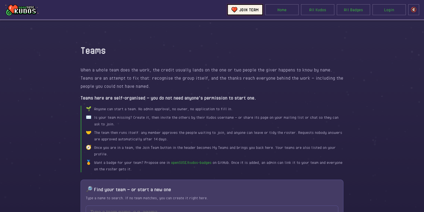 The Teams page on Kudos